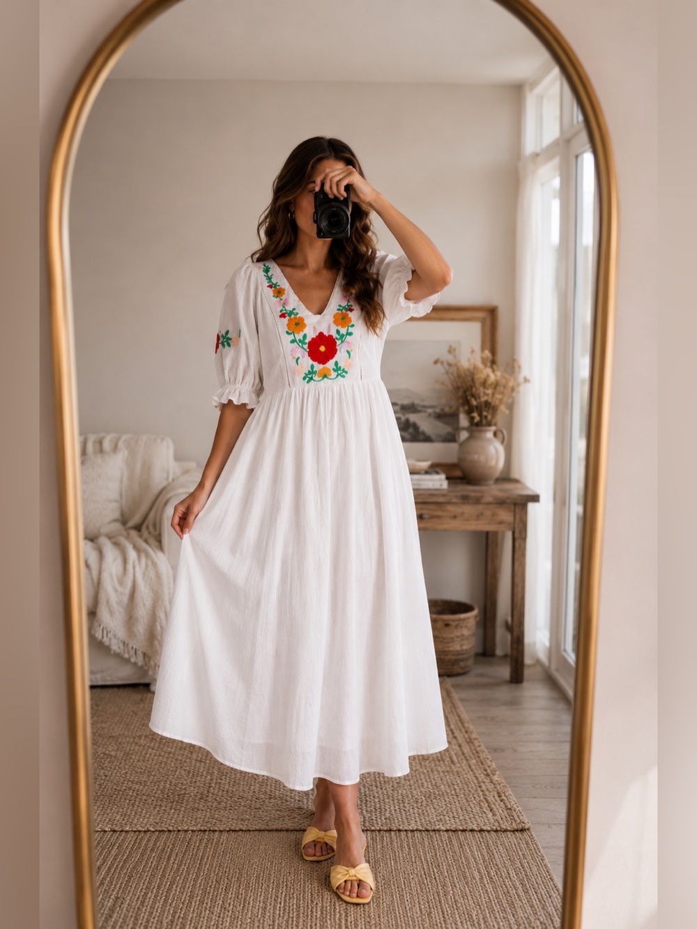 NWT In Loom White Embroidered Boho Maxi Dress | Cotton Floral Smocked Medium